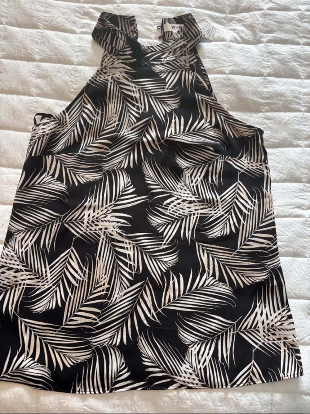 White House Black Market Black and White Palm-Print Halter Blouse